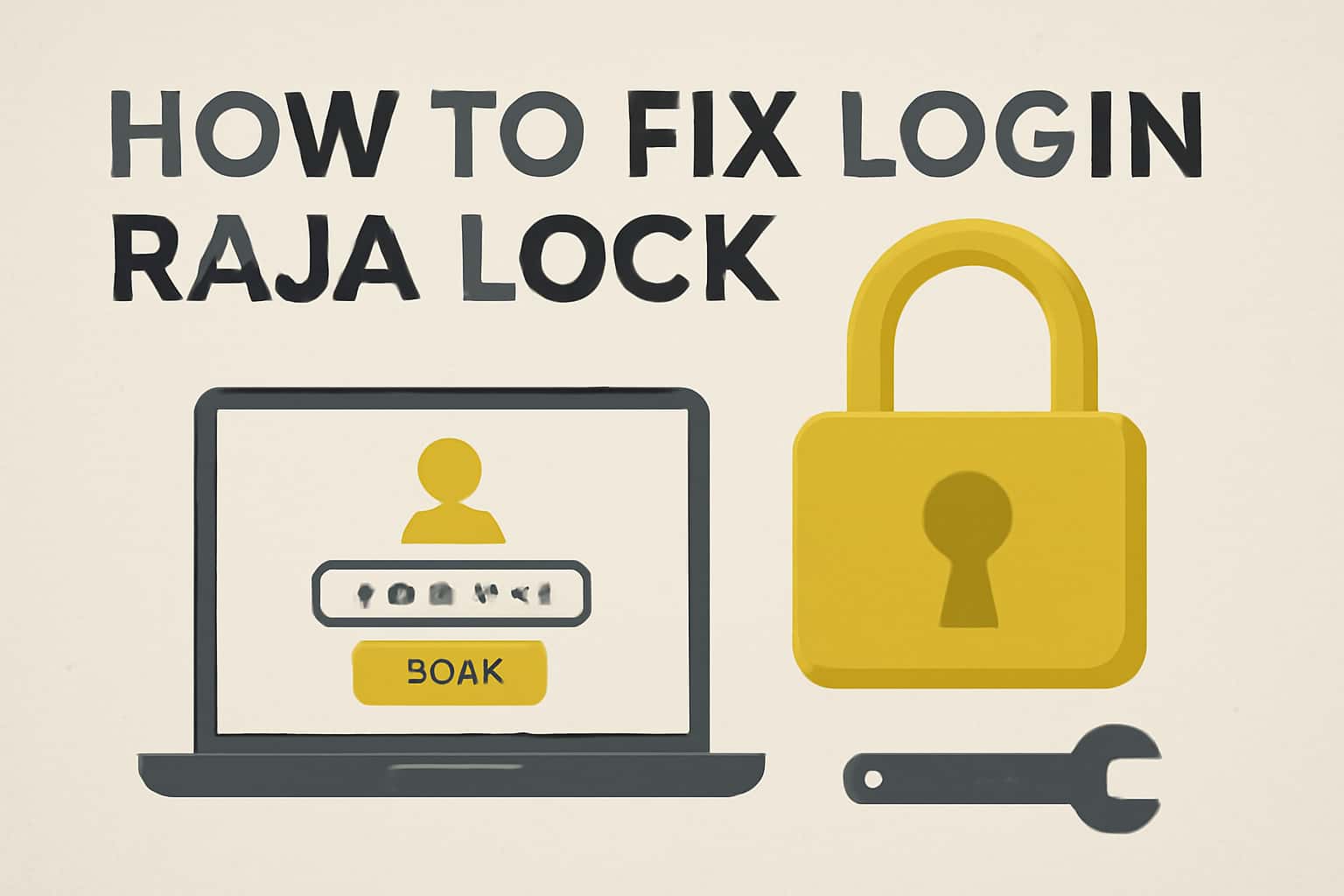 An informational scene illustrating troubleshooting steps for Raja Lock login issues.