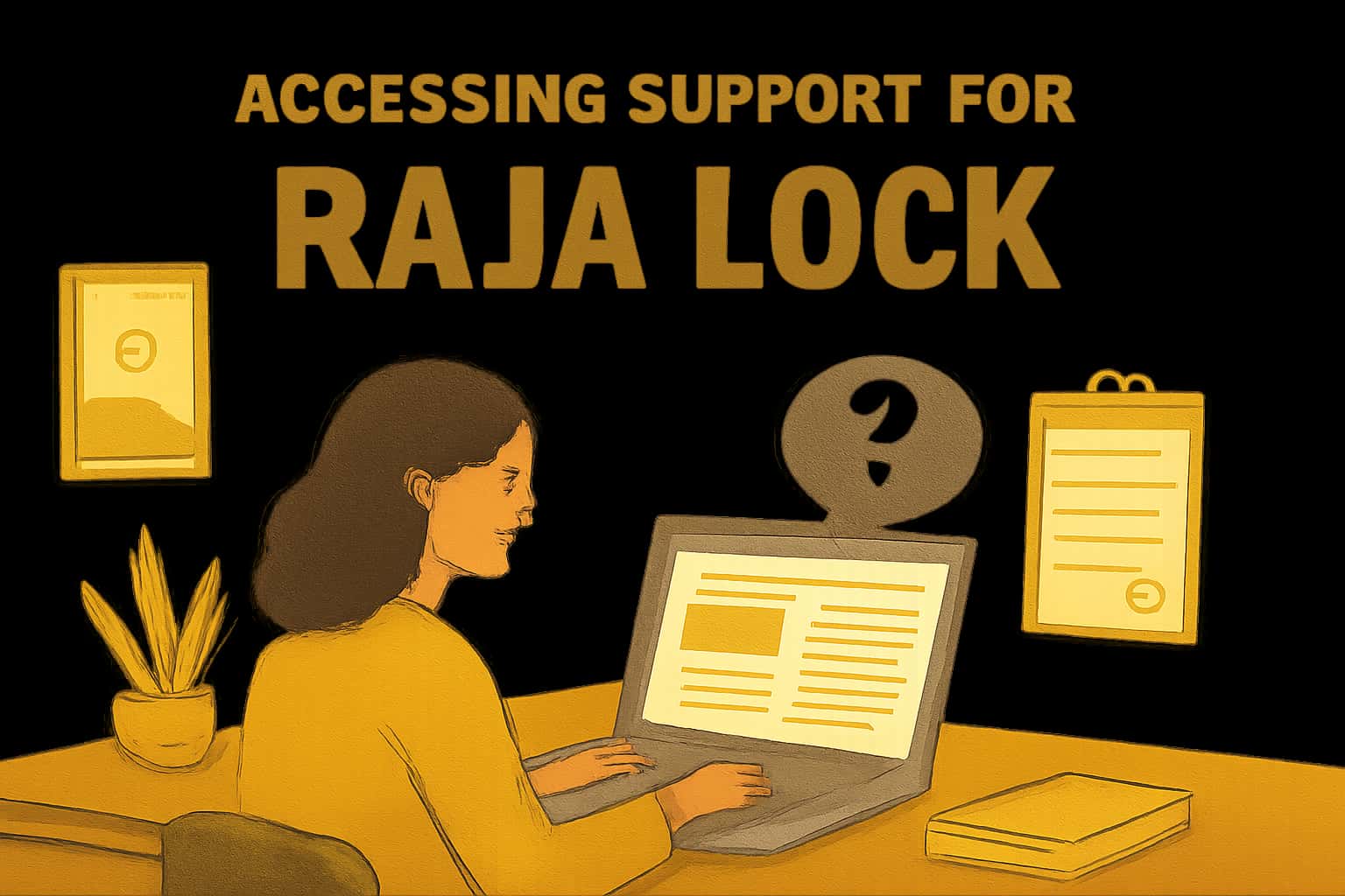 An informational scene highlighting access to support for Raja Lock.