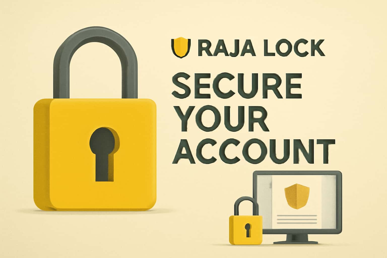 A high-tech depiction of securing a digital account, featuring the text 'Raja Lock' with #c7bc22 accents.